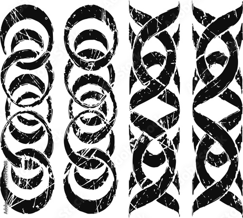 grunge celtic patterns with circular and intertwined knot designs in black and white