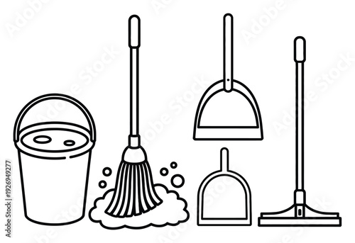 Cleaning Supplies Line Art Vector Illustration