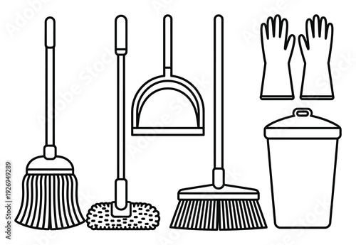 Cleaning Supplies Line Art Vector Illustration