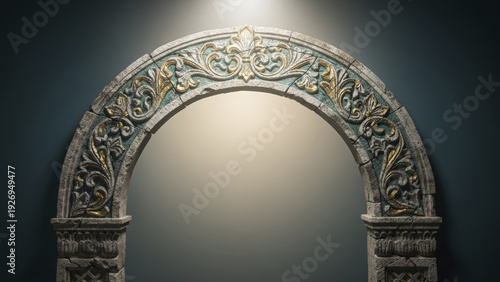 Ancient weathered stone archway features intricate golden and teal scrollwork against a dimly lit setting