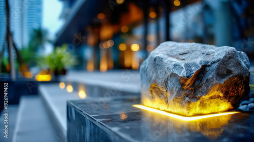 Decorative stone feature with built-in LED landscape lighting beside modern terrace, evening outdoor garden design with bokeh