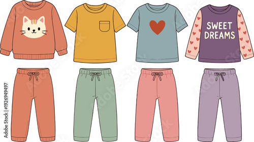 Cute kids clothing vector set, colorful children sweatshirt t shirt and sweatpants collection with cartoon prints isolated on white background