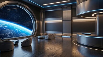 Futuristic Spaceship Interior Lounge, Large Window Earth View, Orbiting Planet Starry Sky, Modern Metallic Cabin Empty Chairs Sci-fi Space Station, Zoom Virtual Meetings Backgrounds