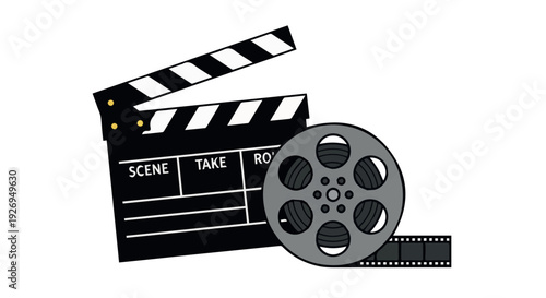 Film production illustration shows clapperboard and reel for cinema project, suitable for movie poster, studio branding, and media promotion