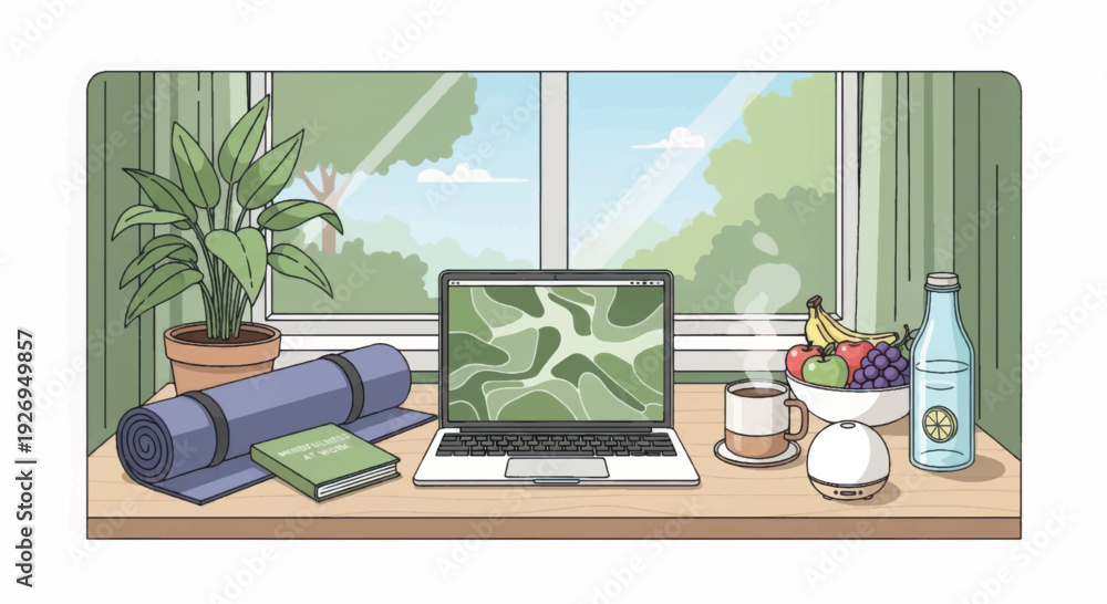 Fototapeta premium Wellness-Focused Home Office Desk Illustration: Laptop, Yoga Mat, Healthy Habits, and Fruit for Remote Work and Balance.