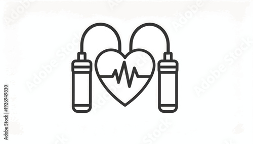 Heart Health Cardio Fitness Line Icon. Jump Rope Exercise Outline Symbol with ECG Pulse Beat