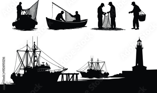 Fishing industry silhouette vector set, fishermen boats nets trawlers and lighthouse coastal scene isolated black illustration on white background