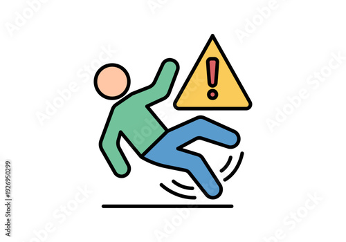 Persona resbalando y cayendo junto a un signo de advertencia de peligro