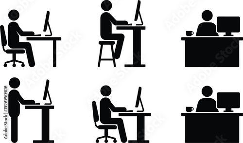 Silhouettes of people working at desks with computers in various ergonomic postures and setups representing office design, productivity, and workplace lifestyle concepts
