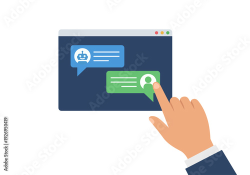 Mano interactuando con una ventana de chat de un bot de asistencia virtual