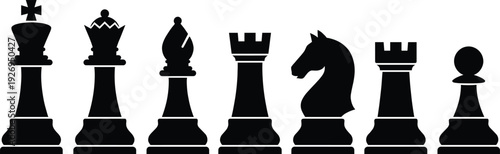 Silhouettes of classic chess pieces including king, queen, bishop, rook, knight, and pawn arranged in row symbolizing strategy, board game, and competition