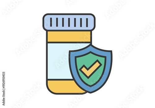 Frasco de medicamentos con escudo protector y marca de verificación