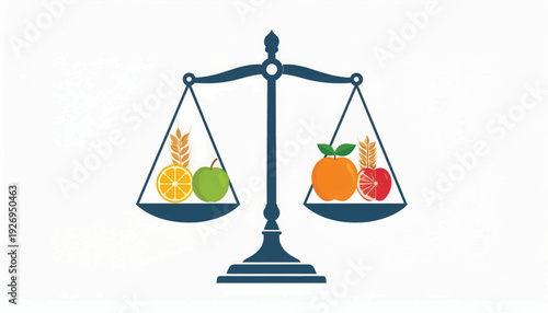 Healthy Food Balance on Vintage Scale Illustration. Fresh fruits and grains symbolizing diet equality, nutrition comparison, and making healthy choices.