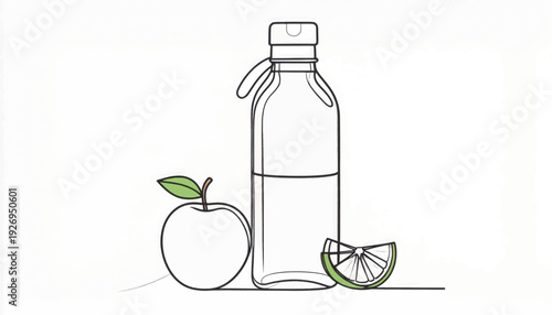 Hand Drawn Healthy Hydration Sketch: Reusable Water Bottle, Apple, and Lime Slice. Minimalist Line Art Illustration.