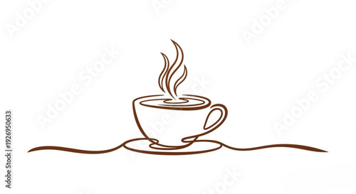 A minimalist line art illustration of a steaming hot cup of coffee on a saucer