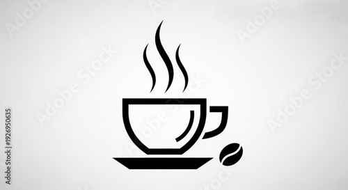 A minimalist vector graphic of a steaming hot coffee cup and saucer with a coffee bean