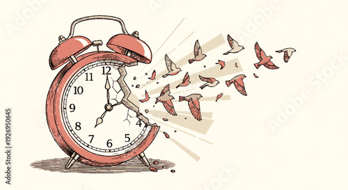 Vintage red alarm clock with butterflies flying out at 5 o'clock symbolizing freedom and time