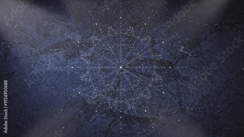 Complex Star Grid Pattern on Dark Blue Marble with Sparkling Celestial Glow