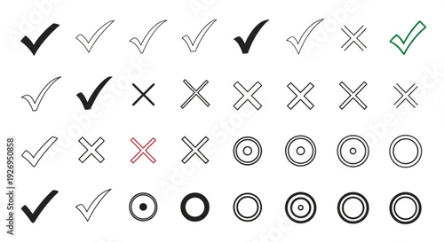 A set of checkmark and cross icons in various styles and colors for use in design and user interfaces