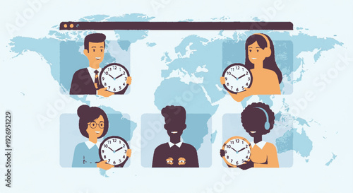 Diverse team of professionals collaborating remotely across global time zones with clocks on a world map background