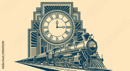 Vintage train emerging from ornate clock tower with roman numerals art deco design nostalgic transportation scene retro future concept art