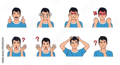 Diverse emotional expressions of a young man showcasing various feelings and reactions.