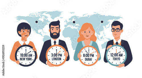 Global team collaboration across time zones illustrated with clocks showing new york london dubai and tokyo times