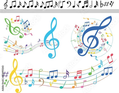 A colorful music note illustration with treble clefs and musical symbols