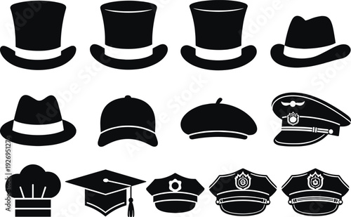 Hat collection silhouette vector illustration, classic top hat fedora police cap and graduation mortarboard icons isolated on white background for fashion design