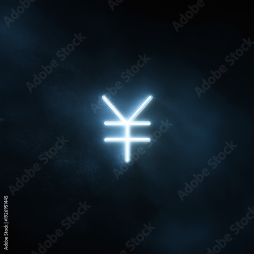 Glowing neon blue Yen or Yuan currency symbol on a dark textured background for digital finance, cryptocurrency, and economy concepts