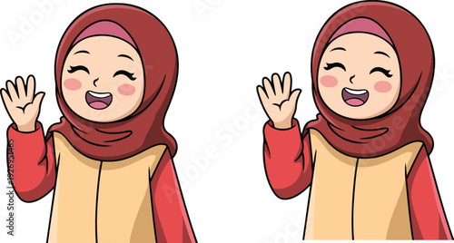 A cartoon illustration of a young woman wearing a burgundy hijab and a beige long-sleeved top.