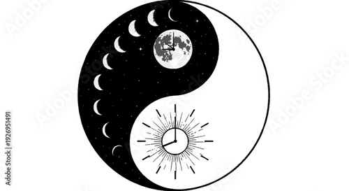 Yin yang symbol with celestial elements showcasing moon phases and radiant sun in balanced harmony