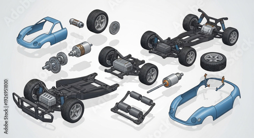 Detailed view of disassembled model car components, showcasing engineering and design elements.