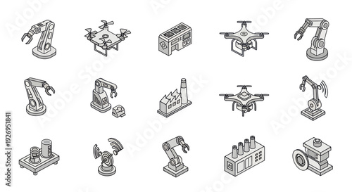 Industrial Robot Arms and Machinery Icons.