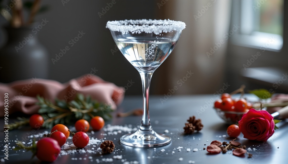 Obraz premium The image features a classic cocktail glass filled with a clear liquid, topped with a salted rim