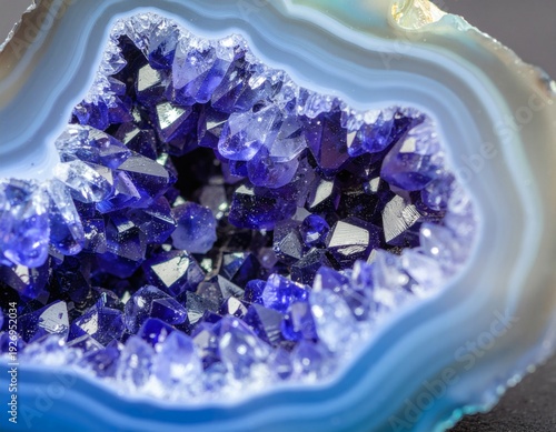 realistic macro zoom shot of blue agate geode cracked open, and sparkling quartz crystals