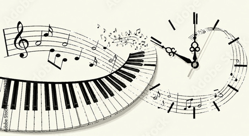 Piano keyboard and clock face merging into a harmonious musical composition with notes and treble clef symbolizing time and melody