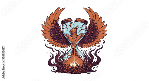 Phoenix rising from flames in hourglass with wings spread wide symbolizing rebirth and transformation in vibrant orange and brown hues