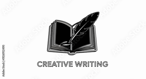 An open book with a quill pen is depicted above the words "CREATIVE WRITING.