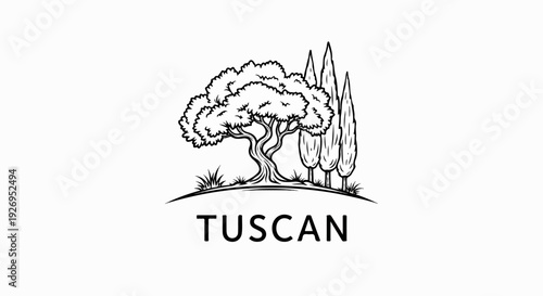 Artistic black and white sketch of trees on a curved horizon line