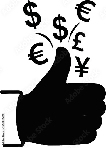 Black silhouette of a thumb up with various currency symbols floating above