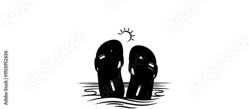 Black silhouette of flip-flops on water with a stylized sun above