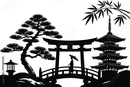 Japanese traditional landscape silhouette vector illustration, torii gate pagoda bamboo and bridge with woman under umbrella isolated on white background