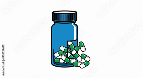 Blue bottle with green and white capsules spilling out