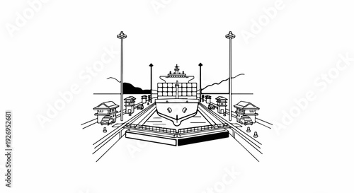 Cargo ship entering canal locks with control towers and lights
