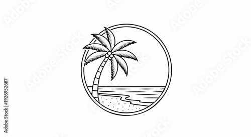 Circular emblem features a stylized palm tree on a sandy shore with waves