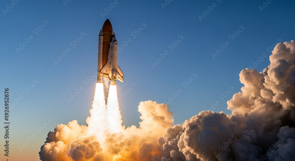 Naklejka premium A rocket ship launches into the sky with a large plume of smoke