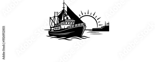 Fishing boat sails on choppy water with sun rising behind it