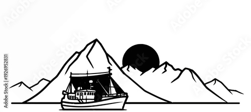 Fishing boat sails past mountains at sunset