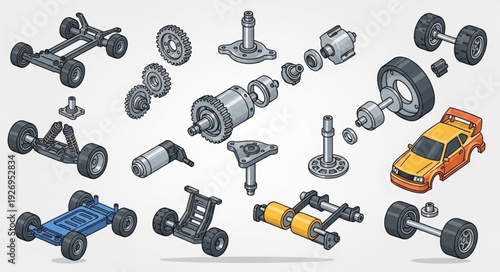 Detailed illustration of various disassembled radio-controlled car components and parts.